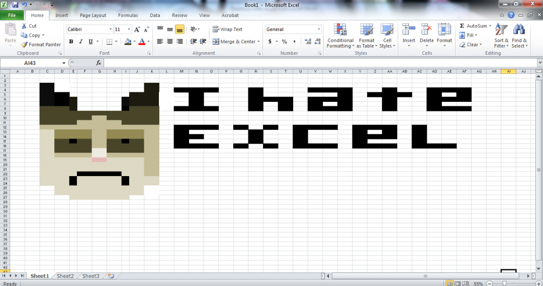 Screenshot of a blank Excel spreadsheet with a sad cat overlaid