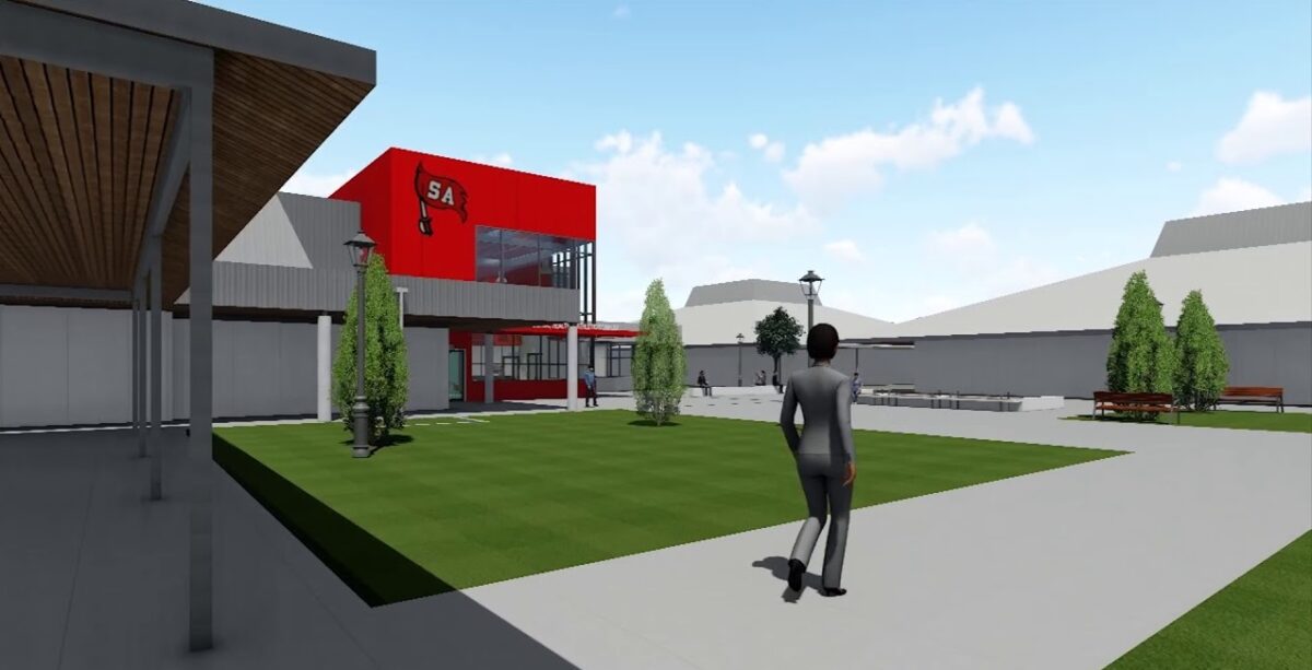 Computer rendering of what the front of a school might look like in a red and grey color palate