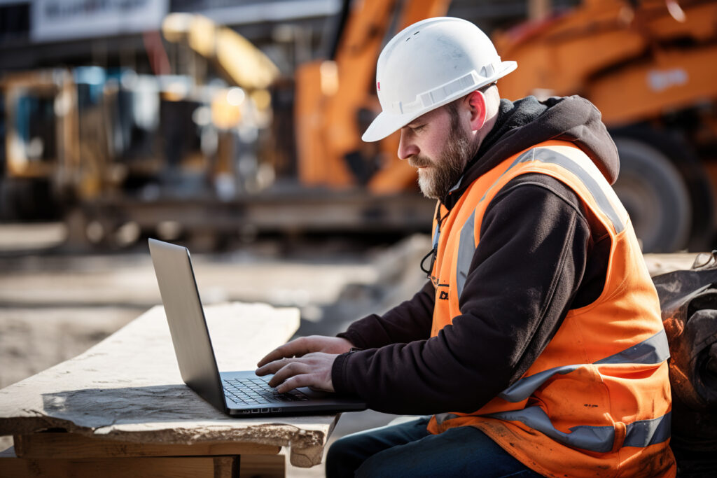 Image of a construction worker viewing his construction cost tracking software