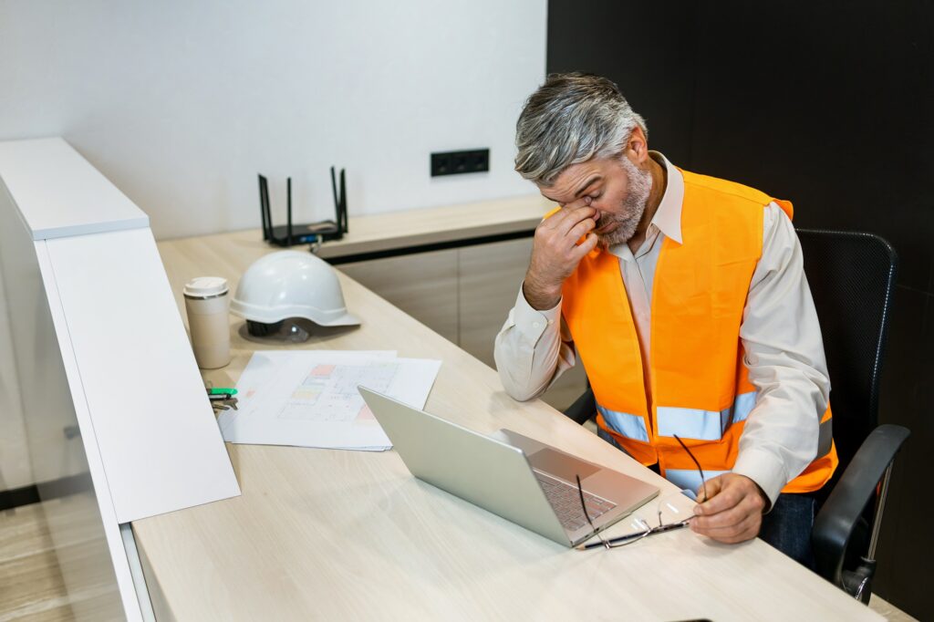 Image of Headache, laptop and architect man stress, pain and mental health problem thinking of project management, planning and budget strategy. sit at office desk