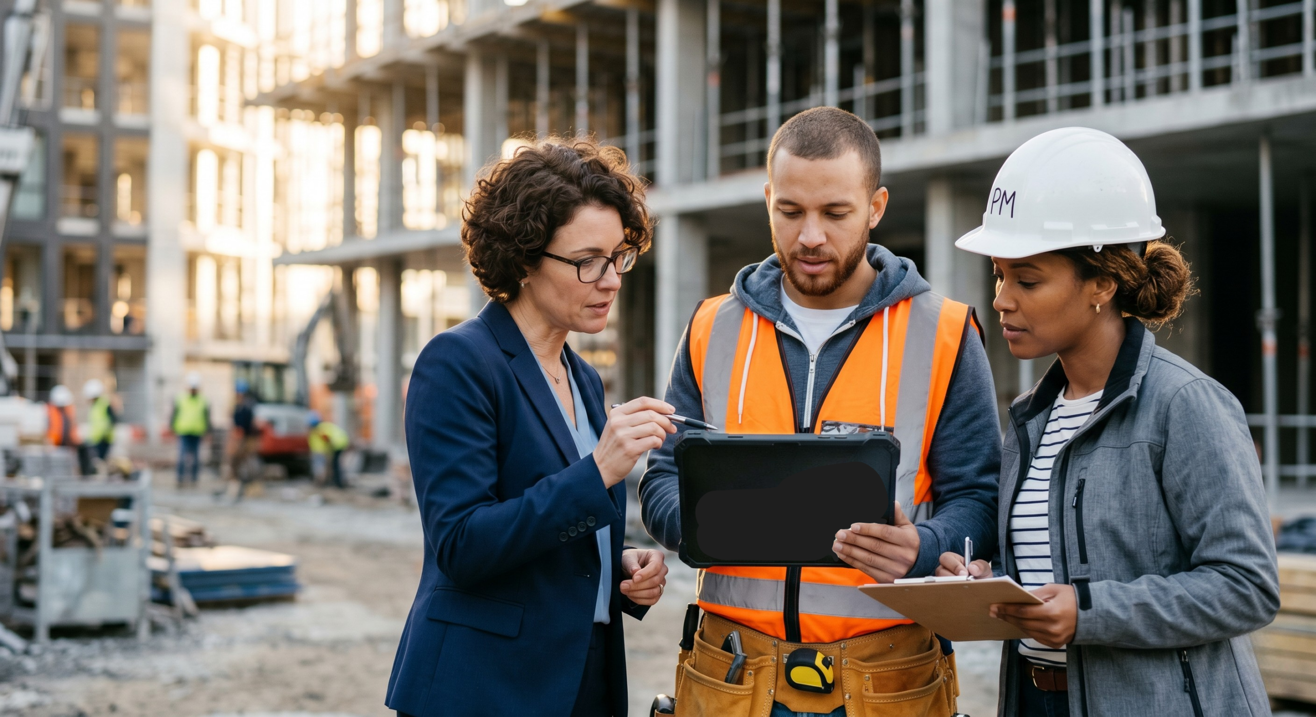 Image of multiple construction workers viewing a laptop with construction budget tracking software reports